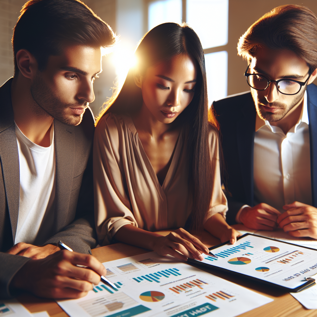 Young professional couple reviewing financial habit charts with a consultant while surrounded by printed worksheets and digital dashboards inside a bright meeting room.