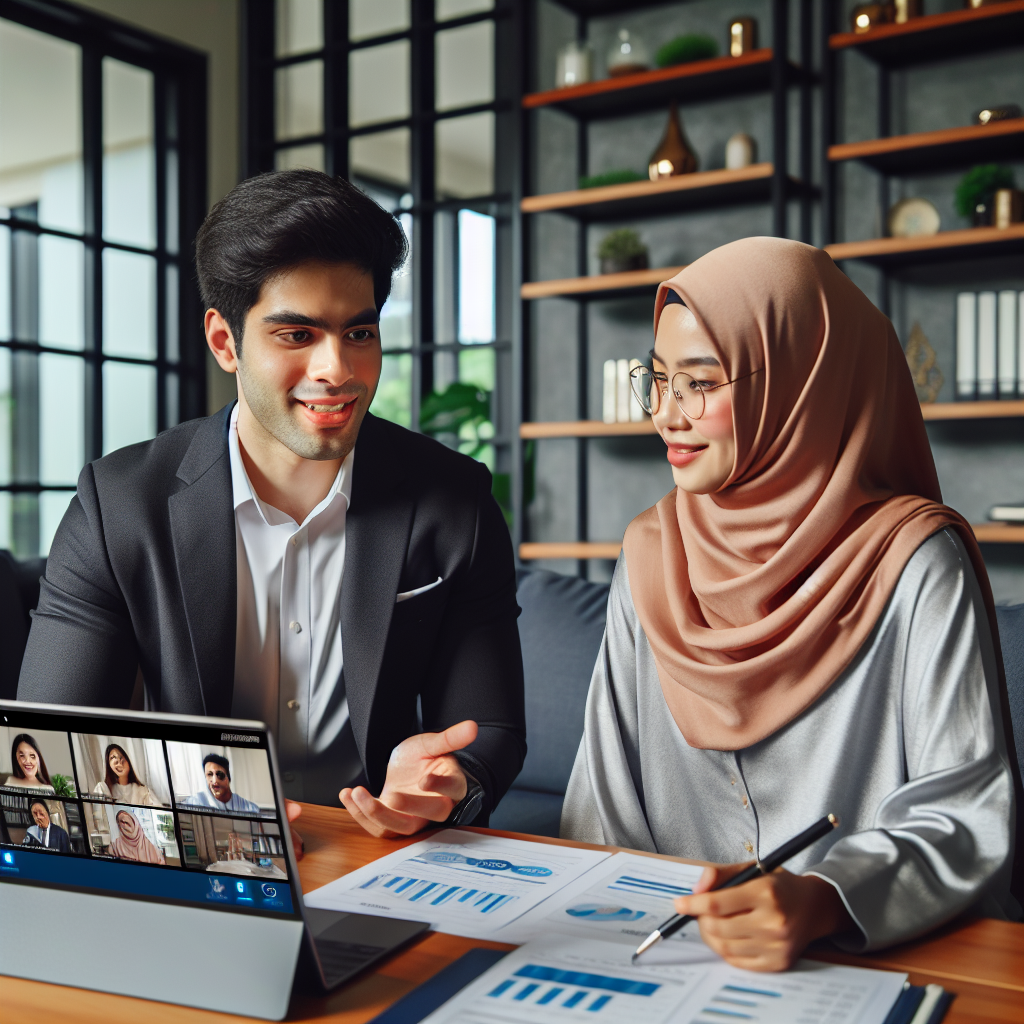 Financial consultant in conversation over video call with client while sharing structured planning documents on a laptop in a modern office.