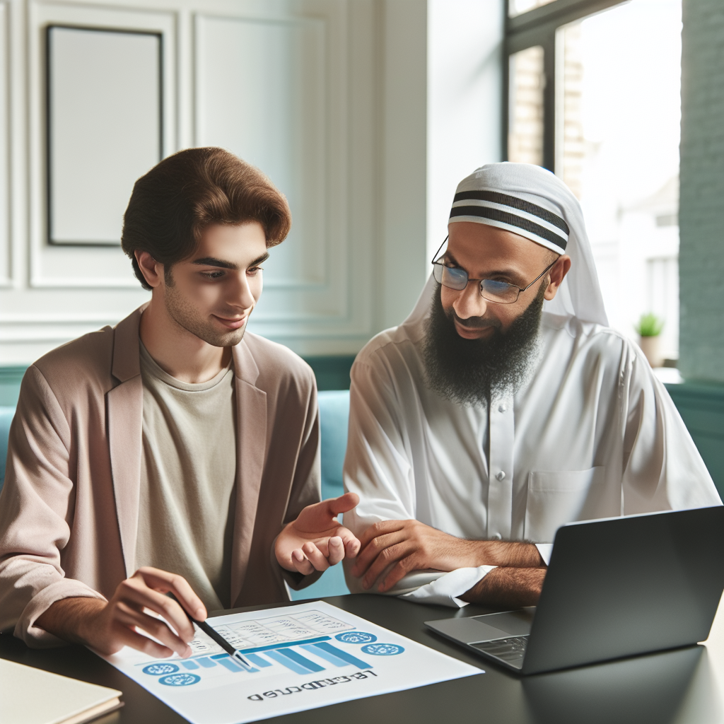 Professional financial advisor guiding a young client through structured budgeting templates using a laptop in a bright contemporary workspace with natural light and calm colors.