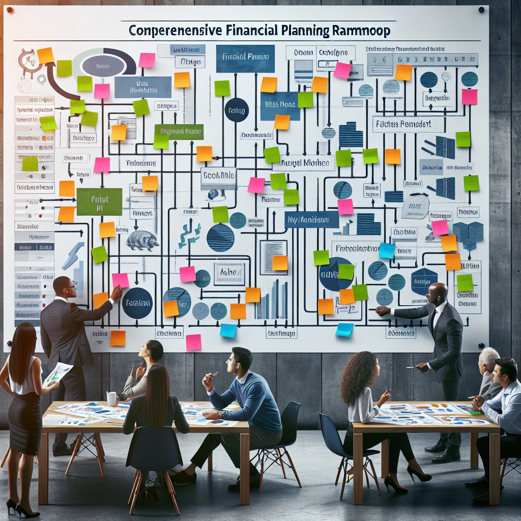 Financial planning roadmap displayed on large board with milestones, sticky notes and calendar reminders during a collaborative review session in a modern workspace.