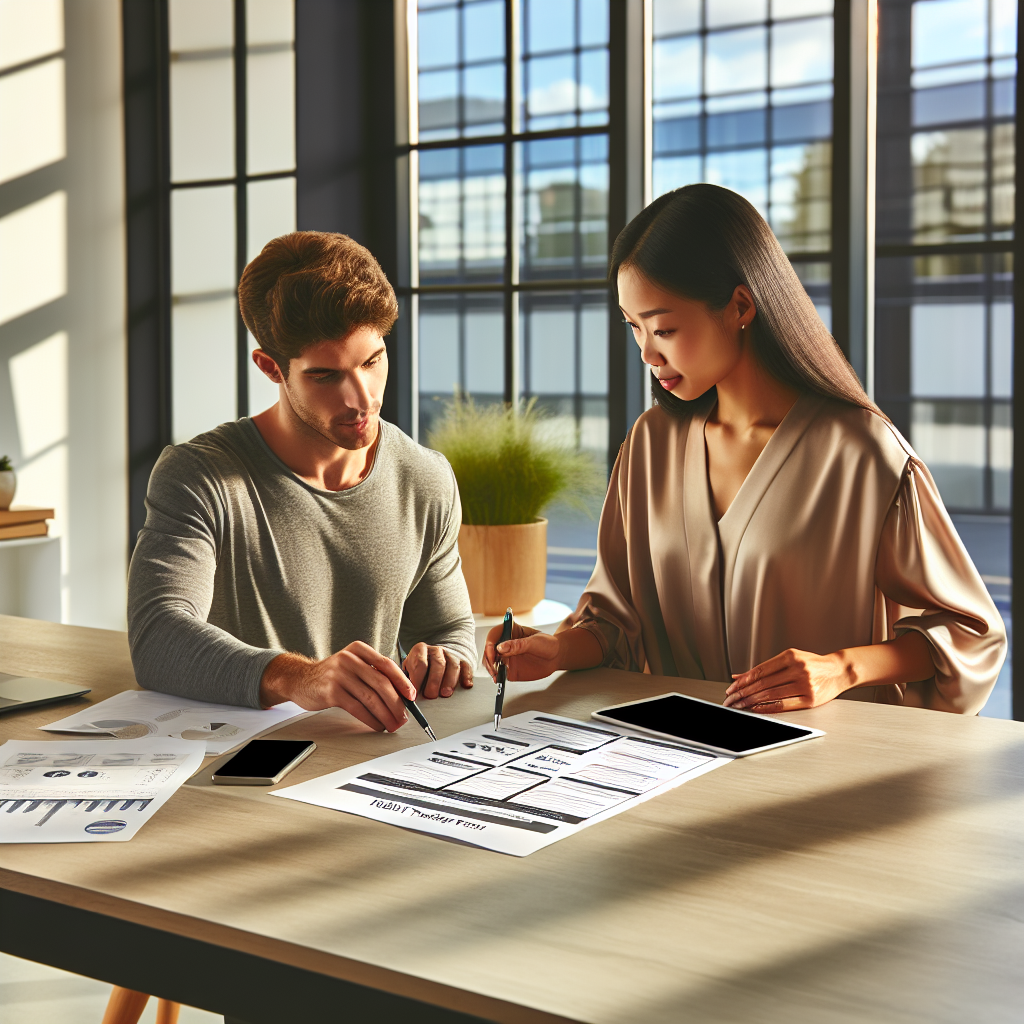 Financial advisor presenting structured habit-tracking templates on printed sheets while collaborating with a client in a bright contemporary office space.