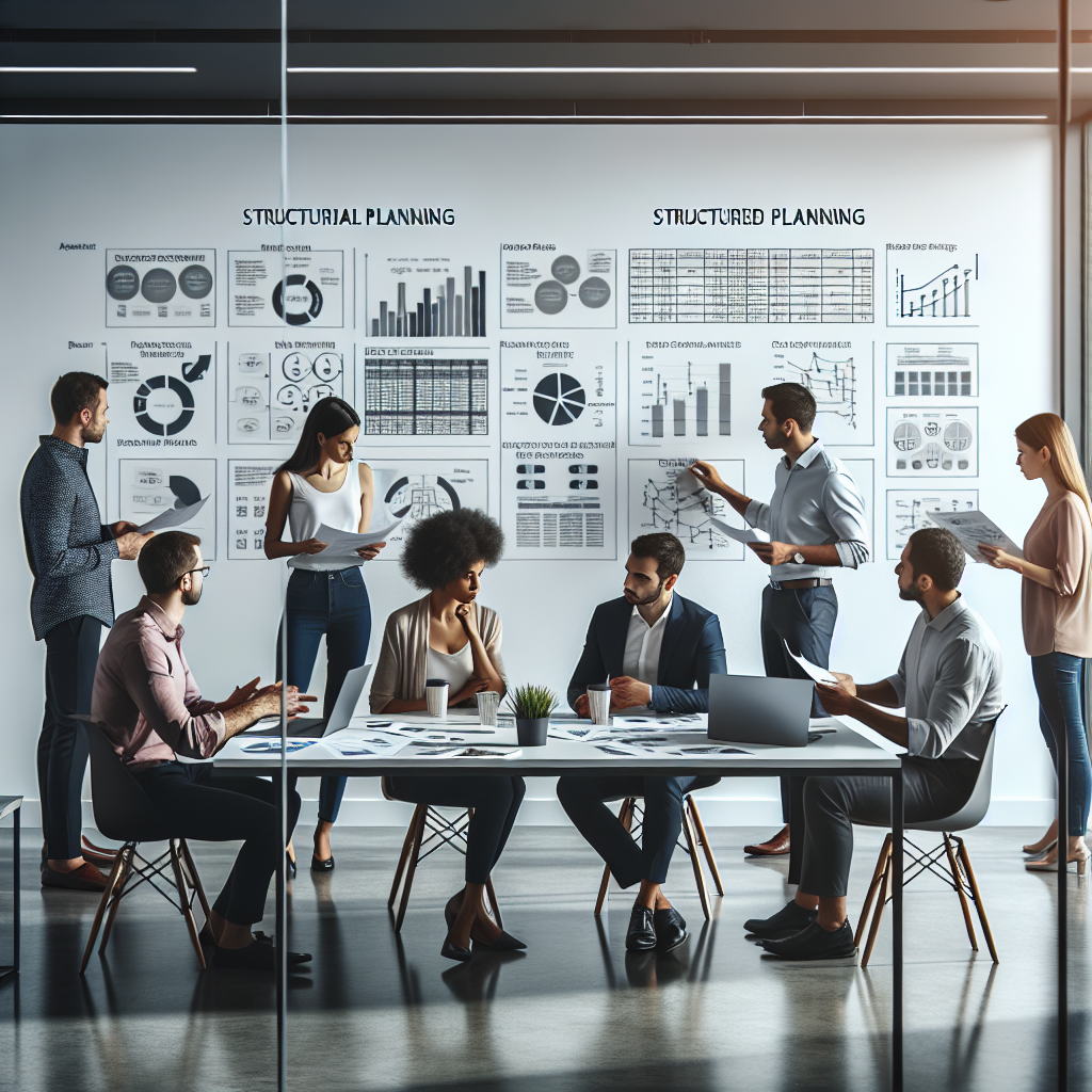 Group of financial coaches discussing structured planning diagrams pinned on a wall while referencing printed research summaries in a minimalist office setting.